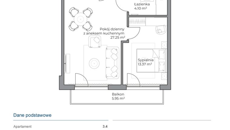 Rzut - Mieszkanie na sprzedaż 2 pokoje o powierzchni 44,78 m² - numer B.3.4 w Anchoria Holiday