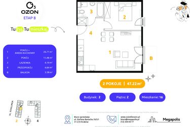 Rzut - Mieszkanie na sprzedaż 2 pokoje o powierzchni 47,22 m² - numer 2.16 w Osiedle Ozon etap VIII