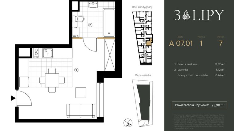Rzut - Mieszkanie na sprzedaż 1 pokój o powierzchni 23,98 m² - numer A.07.01 w 3 lipy