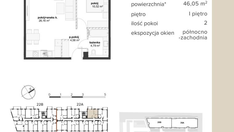 Rzut - Mieszkanie na sprzedaż 2 pokoje o powierzchni 46,05 m² - numer 22A/M8 w Javorova