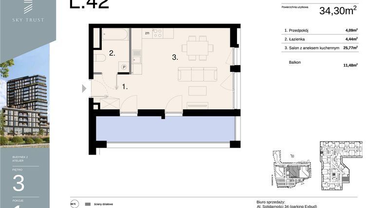 Rzut - Mieszkanie na sprzedaż 2 pokoje o powierzchni 34,3 m² - numer L42 w Sky Trust etap II - apartamenty inwestycyjne 23% VAT PRS