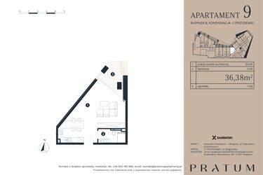 Rzut - Mieszkanie na sprzedaż 1 pokój o powierzchni 36,38 m² - numer A9 w Pratum Apartamenty Etap I