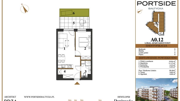 Rzut - Mieszkanie na sprzedaż 2 pokoje o powierzchni 39,48 m² - numer A0.12 w Portside Bałtycka