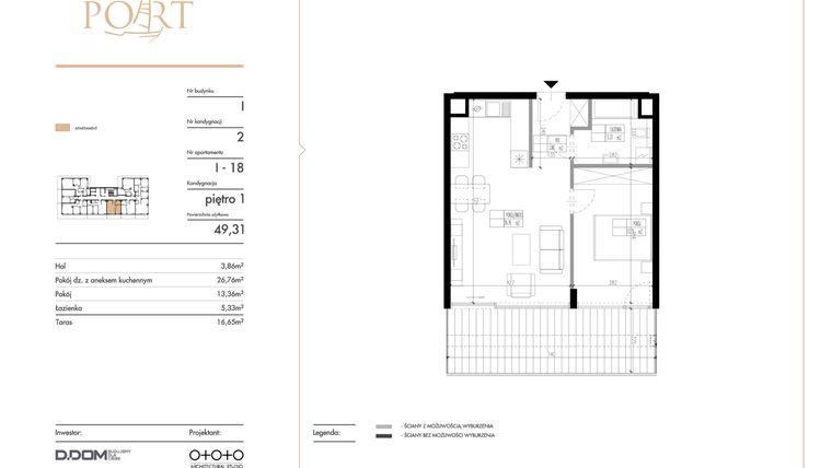 Rzut - Mieszkanie na sprzedaż 2 pokoje o powierzchni 49,31 m² - numer I_18 w Warmiński Port etap V