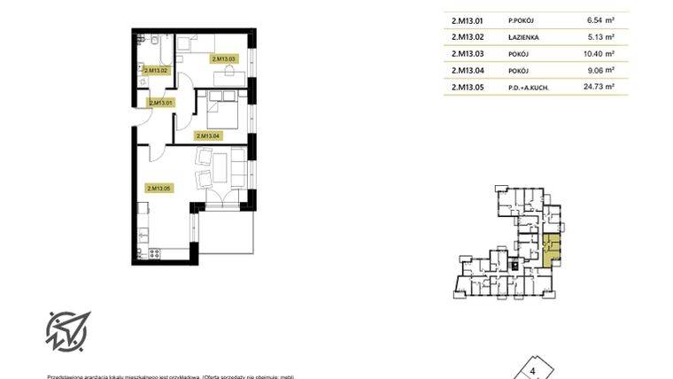 Rzut - Mieszkanie na sprzedaż 3 pokoje o powierzchni 56,78 m² - numer 2M13 w Stary Browar bud. 2