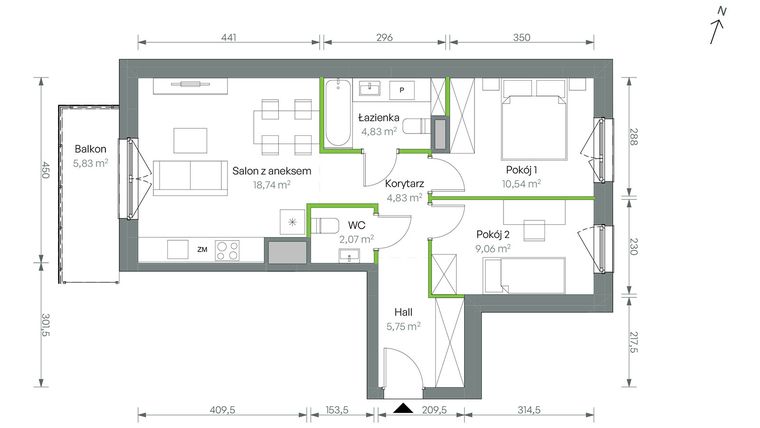 Rzut - Mieszkanie na sprzedaż 3 pokoje o powierzchni 55,82 m² - numer 3/B/4/90 w Oliwska Vita