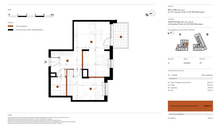 Rzut - Mieszkanie na sprzedaż 2 pokoje o powierzchni 45,25 m² - numer 37 w MY Głębocka