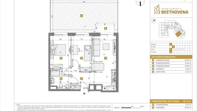 Rzut - Mieszkanie na sprzedaż 1 pokój o powierzchni 54,15 m² - numer D19 w Apartamenty Beethovena etap 2 - apartamenty inwestycyjne
