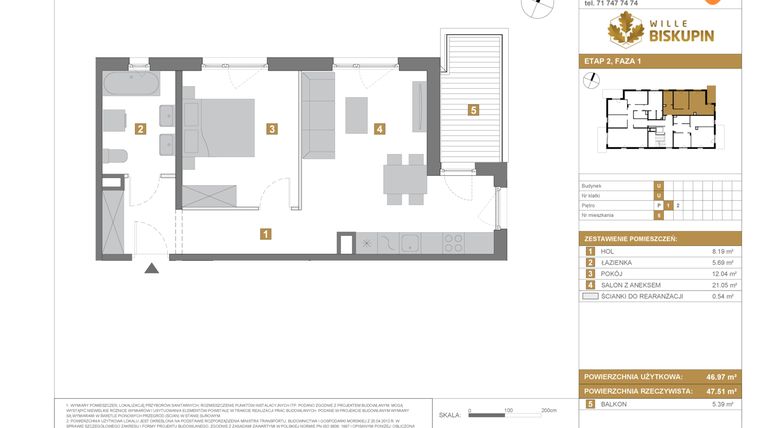 Rzut - Mieszkanie na sprzedaż 2 pokoje o powierzchni 46,97 m² - numer U5 w Wille Biskupin Etap 2.1