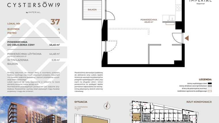 Rzut - Mieszkanie na sprzedaż 1 pokój o powierzchni 45,45 m² - numer 37 w Cystersów 19 - lokale inwestycyjne