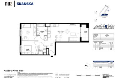 Rzut - Mieszkanie na sprzedaż 3 pokoje o powierzchni 64,87 m² - numer AA0504 w NU2 Warszawa Wola