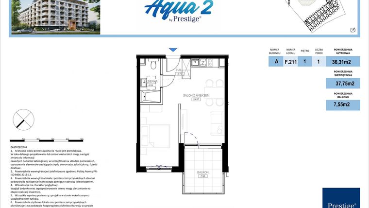Rzut - Mieszkanie na sprzedaż 1 pokój o powierzchni 37,83 m² - numer F.211 w Bel Mare (Międzyzdroje)