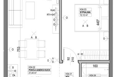 Rzut - Mieszkanie na sprzedaż 2 pokoje o powierzchni 43,69 m² - numer H34 w Miasto Ogród 6 - HELSINKI