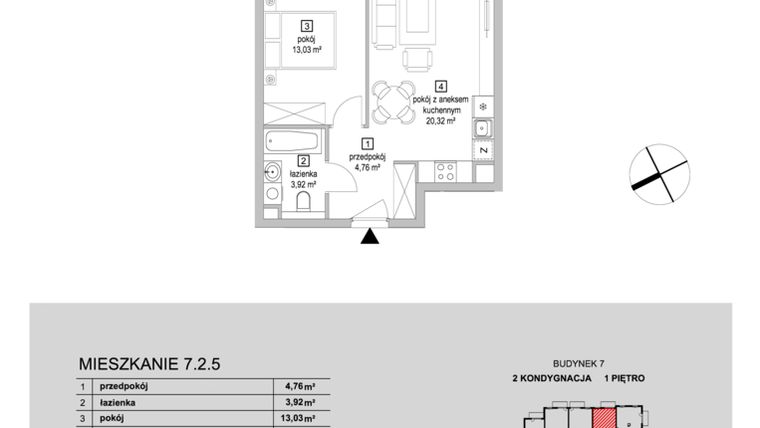 Rzut - Mieszkanie na sprzedaż 2 pokoje o powierzchni 42,03 m² - numer 7.2.5 w Osiedle Przyjemne IV