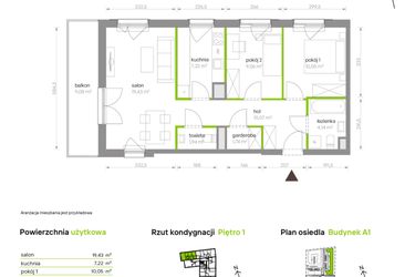 Rzut - Mieszkanie na sprzedaż 3 pokoje o powierzchni 63,65 m² - numer A1.1A4 w Bemowo Vita