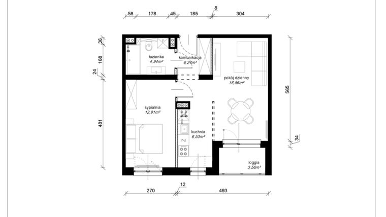 Rzut - Mieszkanie na sprzedaż 2 pokoje o powierzchni 47,44 m² - numer E.1.09.2k w Art.Teo etap 3