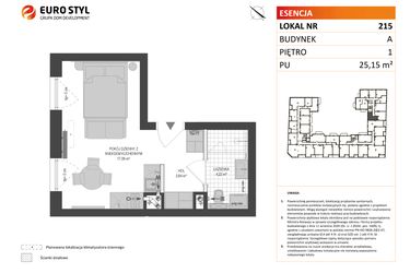 Rzut - Mieszkanie na sprzedaż 1 pokój o powierzchni 25,15 m² - numer A.215 w Esencja - Apartamenty inwestycyjne