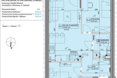 Rzut - Mieszkanie na sprzedaż 3 pokoje o powierzchni 55,24 m² - numer 65A w Osiedle Młodych etap X