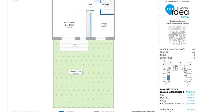 Rzut - Mieszkanie na sprzedaż 2 pokoje o powierzchni 49,6 m² - numer 2.4A w Osiedle Idea Aurora