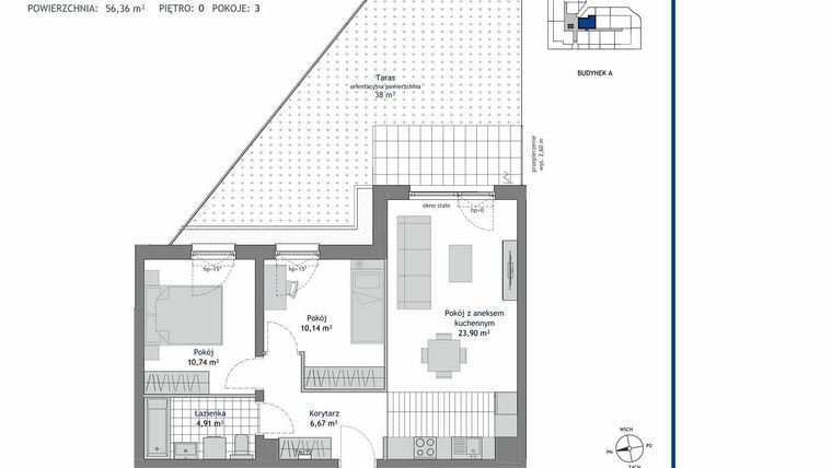 Rzut - Mieszkanie na sprzedaż 3 pokoje o powierzchni 56,36 m² - numer A.0.5 w Linea bud. A