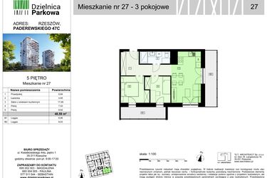 Rzut - Mieszkanie na sprzedaż 3 pokoje o powierzchni 48,59 m² - numer 27/B8 w Dzielnica Parkowa VIII