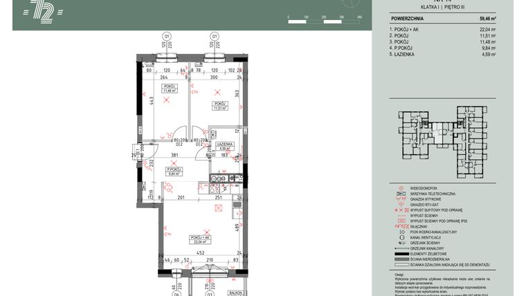 Rzut - Mieszkanie na sprzedaż 3 pokoje o powierzchni 59,23 m² - numer 14 w Wspólnota Mieszkaniowa Gajowa 72