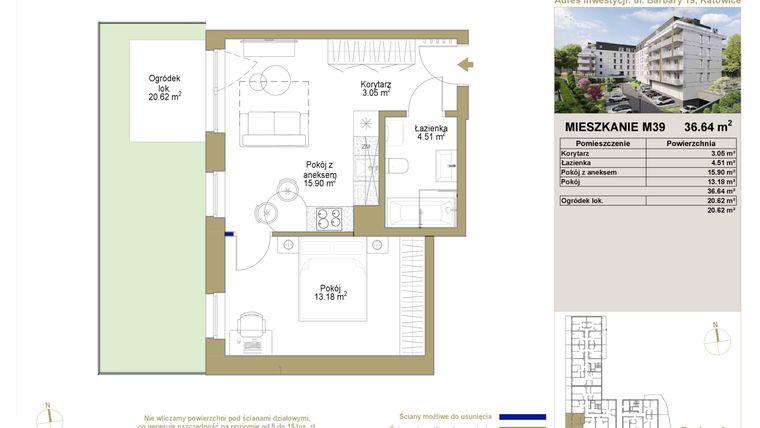 Rzut - Mieszkanie na sprzedaż 2 pokoje o powierzchni 36,64 m² - numer 39 w Barbary 19
