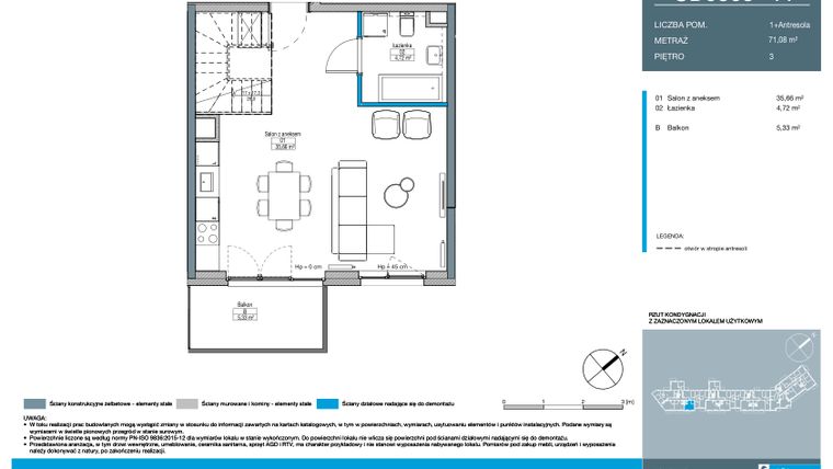Rzut - Mieszkanie na sprzedaż 1 pokój o powierzchni 71,08 m² - numer CD0303 w Talarowa Park