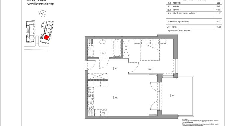 Rzut - Mieszkanie na sprzedaż 2 pokoje o powierzchni 50,57 m² - numer B.26 w Villa Verona Mielno