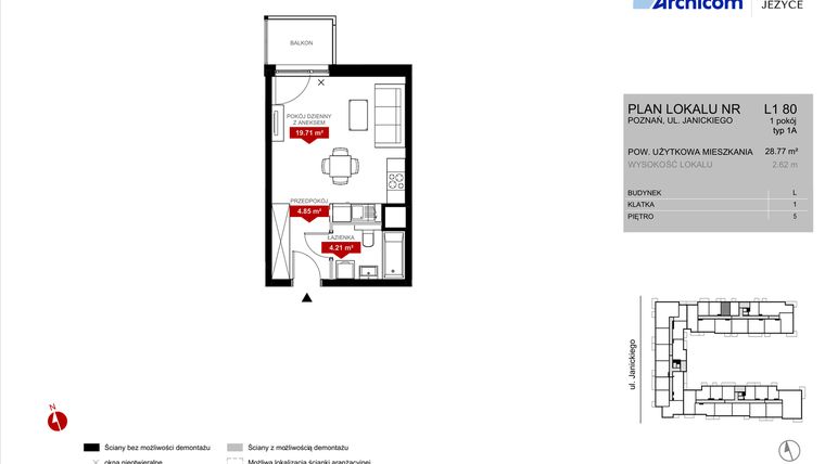 Rzut - Mieszkanie na sprzedaż 1 pokój o powierzchni 28,77 m² - numer L1.80 w Wieża Jeżyce etap VI