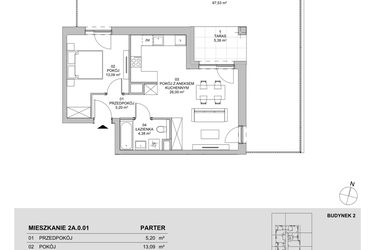 Rzut - Mieszkanie na sprzedaż 2 pokoje o powierzchni 48,67 m² - numer 2A.0.01 w Francuska Park VIIIA