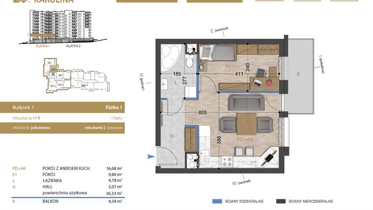 Rzut - Mieszkanie na sprzedaż 2 pokoje o powierzchni 36,33 m² - numer 8 w Osiedle Dakar Karolina