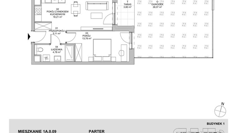 Rzut - Mieszkanie na sprzedaż 2 pokoje o powierzchni 41,86 m² - numer 1A.0.09 w Francuska Park VIIIB