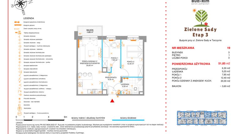 Rzut - Mieszkanie na sprzedaż 3 pokoje o powierzchni 51,85 m² - numer 19 w Zielone Sady etap III