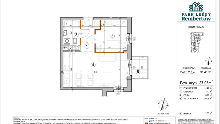 Rzut - Mieszkanie na sprzedaż 2 pokoje o powierzchni 37,05 m² - numer J2-41 w Park Leśny Rembertów etap VIII