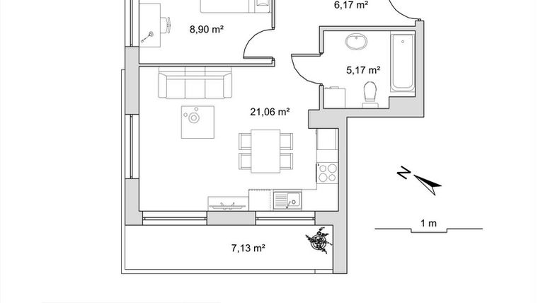 Rzut - Mieszkanie na sprzedaż 2 pokoje o powierzchni 44,87 m² - numer 6.12 w Vela Park bud. 6