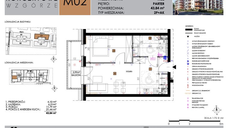 Rzut - Mieszkanie na sprzedaż 2 pokoje o powierzchni 43,84 m² - numer C1_M2 w Koncertowe Wzgórze etap II