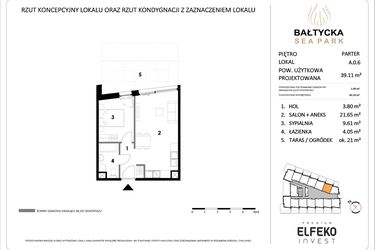 Rzut - Mieszkanie na sprzedaż 2 pokoje o powierzchni 39,11 m² - numer A.0.6 w Bałtycka Sea Park