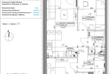 Rzut - Mieszkanie na sprzedaż 3 pokoje o powierzchni 55,24 m² - numer 82A w Osiedle Młodych etap VII
