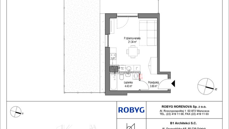 Rzut - Mieszkanie na sprzedaż 1 pokój o powierzchni 29,63 m² - numer A.0M03 w Leszczyńskich 2