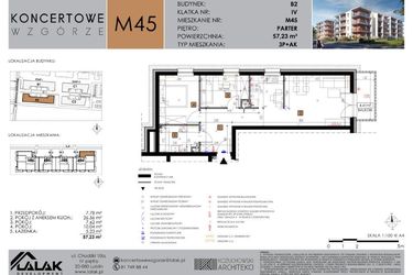 Rzut - Mieszkanie na sprzedaż 3 pokoje o powierzchni 57,23 m² - numer B2.45 w Koncertowe Wzgórze