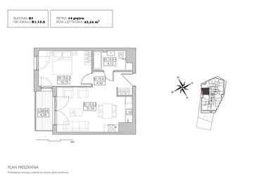 Rzut - Mieszkanie na sprzedaż 2 pokoje o powierzchni 43,54 m² - numer B1.15.6 w Alvarium 2.0