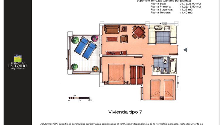 Rzut - Mieszkanie na sprzedaż 2 pokoje o powierzchni 53 m² - numer 7 w Las Terrazas de la Torre