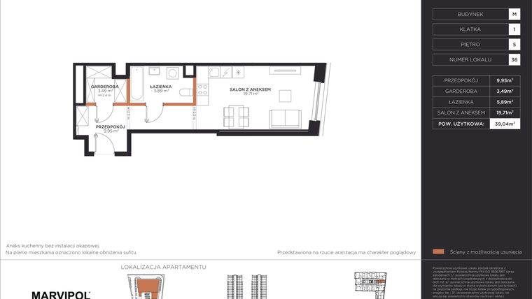 Rzut - Mieszkanie na sprzedaż 1 pokój o powierzchni 39,04 m² - numer M036 w Aleje 138