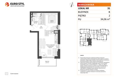 Rzut - Mieszkanie na sprzedaż 2 pokoje o powierzchni 34,06 m² - numer B.31 w Osiedle Warszawska etap III