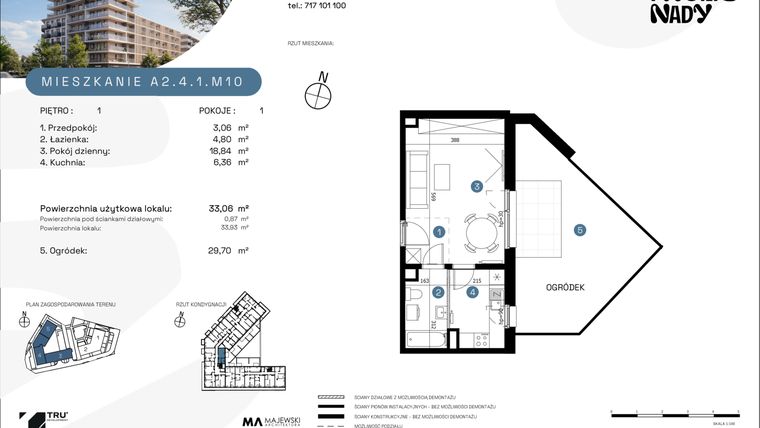 Rzut - Mieszkanie na sprzedaż 1 pokój o powierzchni 32,88 m² - numer A2.4.1.M10 w Nowe Promenady