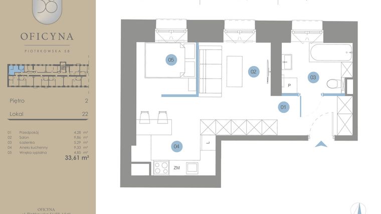 Rzut - Mieszkanie na sprzedaż 1 pokój o powierzchni 33,61 m² - numer 22 w Oficyna - Apartamenty Inwestycyjne Apart Hotel