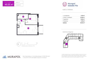 Rzut - Mieszkanie na sprzedaż 2 pokoje o powierzchni 43,53 m² - numer 2.A.9.02 w Murapol Osiedle Filo etap II