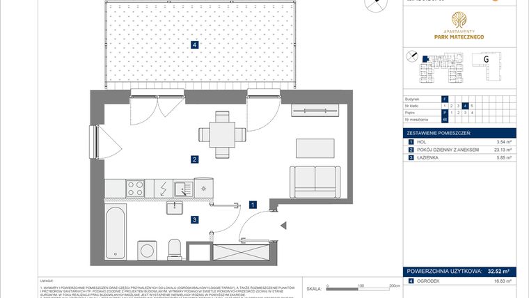 Rzut - Mieszkanie na sprzedaż 1 pokój o powierzchni 32,52 m² - numer F-48 w Apartamenty Park Matecznego Etap 2