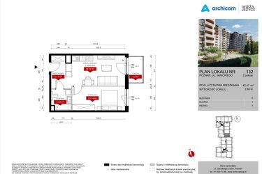 Rzut - Mieszkanie na sprzedaż 2 pokoje o powierzchni 42,47 m² - numer K.132 w Wieża Jeżyce etap V